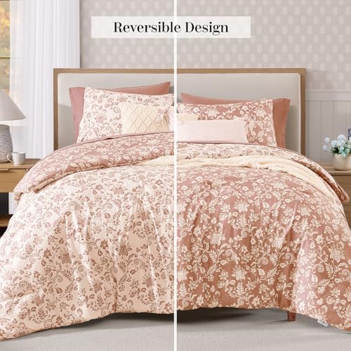BLOOMHAVEN Queen Comforter Set-7 Pieces Pink Floral Bed in a Bag Queen