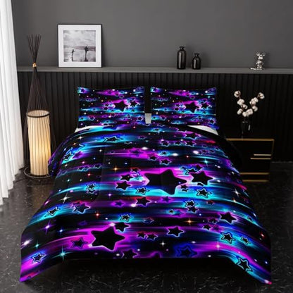 Nttopship Colorful Sky Meteor Stars Comforter Set King Size,Beautiful Galaxy Bedding Sets 3-Pieces for Boys Girls Teen Room Decorat, Soft Lightweight Bed Set with Comforter 2 Pillowcases