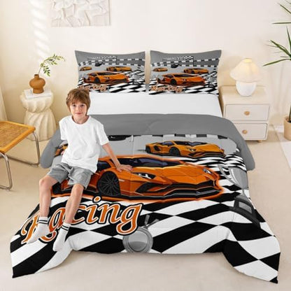 Feelyou Boys Race Car Bedding Set Soft for Boys Girls, Speed Sports Car Comforter Set Queen Size Orange Racing Duvet Quilt Microfiber Extreme Sports Bedroom Decor Automobile 3 Pcs with 2 Pillow Cases