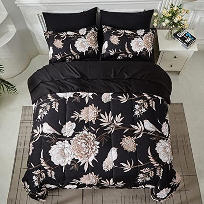 Yogeneg 7 Piece Bed in a Bag Queen Comforter Set Botanical Floral Bedding Set,Flower Leaves Brids Printed on Black Reversible Design,Soft Microfiber Comforter with Sheet Set,All Season(Black B,Queen)