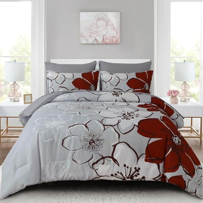 Anibedding 7Pieces Red Floral Comforter Set Queen Size, Soft Microfiber Red Grey Bed in a Bag Comforter Set with Sheets for All Season