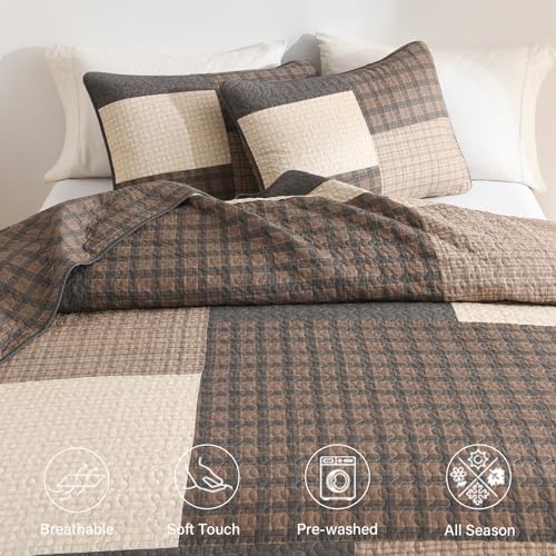Finlonte 100% Cotton King Size Quilt, King Comforter with Pillow Shams, Farmhouse Plaid Quilted Bedspread, Lightweight Soft Quilt Bedding Set, Brown/Beige/Gray