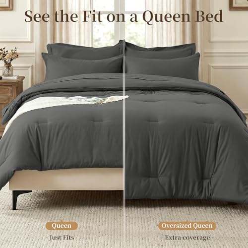 Queen Comforter Set 7 Piece with Lightweight Comforter, Dark Gray