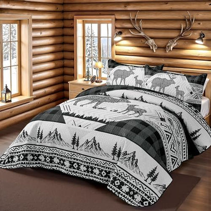 3 Piece Cabin King Size Quilt Sets Farmhouse Rustic Reversible Microfiber Soft Lightweight Bedspread Comforter with 2 Shams Patchwork Country Lodge Bedding Quilts Set for All Season, 106''x96'', Grey