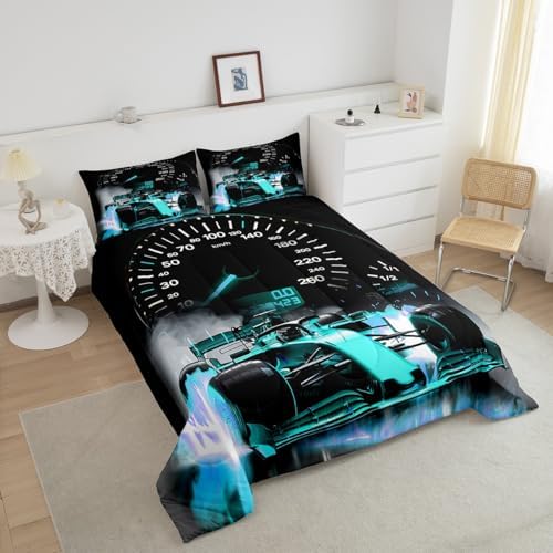 Feelyou Sports Car Bedding Set Formula Race Car Comforter Set for Kids Boys Girls Extreme Sports Theme Comforter Cool Speed Teal Blue Decor Quilt Set Bedroom Collection 3Pcs Queen Size