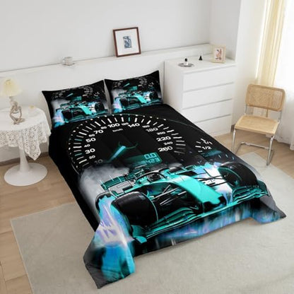 Feelyou Sports Car Bedding Set Formula Race Car Comforter Set for Kids Boys Girls Extreme Sports Theme Comforter Cool Speed Teal Blue Decor Quilt Set Bedroom Collection 3Pcs Queen Size