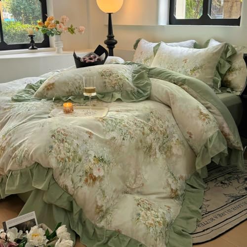 VM VOUGEMARKET Romantic Ruffle Floral Duvet Cover Set Twin Sage Green