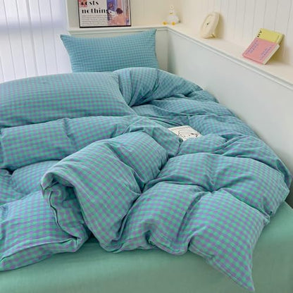 LifeTB Green Gingham Comforter Set Full Modern Style Green Purple Plaid Comforter Set Fluffy Soft Farmhouse Gingham Bedding Comforter 3 Pieces Grid Checkered Pattern Comforter with 2 Pillowcases