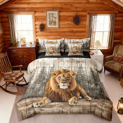 Erosebridal 3D Lion Bed in A Bag 7 Pcs Wildlife Hunting Theme Comforter Set for Kids Teens Forest Pine Tree Bedding Sets Queen Country Woodland Animal Sheet Set with Comforter