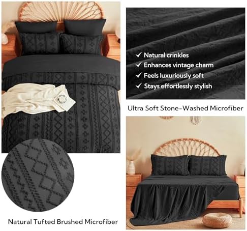 MR&HM 7 Pieces Comforter Set Full, Tufted Boho Farmhouse Bed Set Black