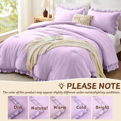 FUANNA King Size Comforter Set, Ruffle Bedding Set, 3 PCS Bed Set, Lavender