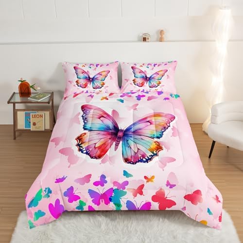 HOSIMA Colorful Butterfly Rainbow Comforter Full Size,Tie Dye Beauty Butterfly Bedding Sets for Kids Girls Teens Bedroom Decor,Aesthetics Butterflies Teenage Girl Comforter Sets with 2 Pillowcases.