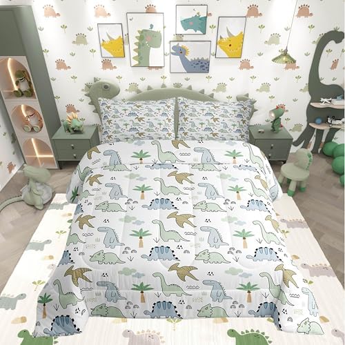 Cute Dinosaur Kids Comforter Set Queen Size,Cartoon Dino Wild Animals Super Soft Bedding Set for Adults Teens,Watercolor Sketching Hand Drawn Double Sides Print Down Comforter,2 Pillowcases