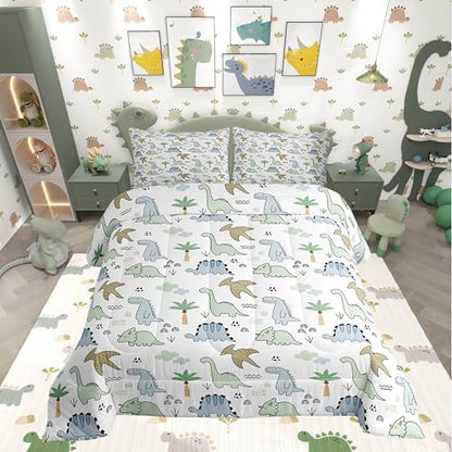 Cute Dinosaur Kids Comforter Set Queen Size,Cartoon Dino Wild Animals Super Soft Bedding Set for Adults Teens,Watercolor Sketching Hand Drawn Double Sides Print Down Comforter,2 Pillowcases