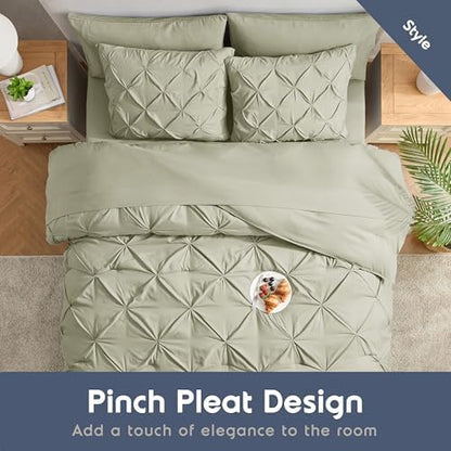 Nestl 9 Piece Queen Comforter Set – Light Sage Pinch Pleated Bed in a Bag – Complete Queen Size Bedding Set with Sheets, Set of 2 Cooling Pillows, Pillowcases and Shams