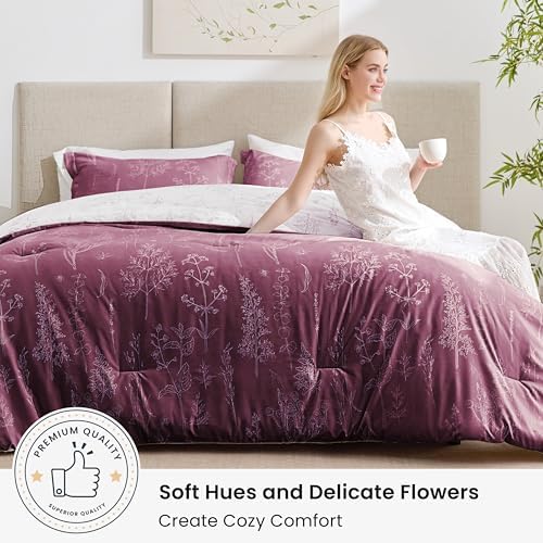 Love's cabin Vintage Rose Full Comforter Set - Full Size Comforter Set, 3 Pieces Cute Floral Bedding Sets for All Seasons,1 Soft Reversible Botanical Flowers Comforter and 2 Pillow Shams
