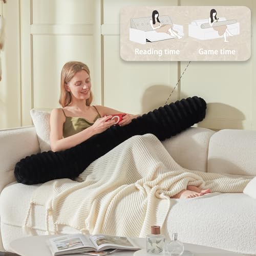 Headboard Pillow + A Long Neck Roll Pillow Body Pillow，Faux Fur Headboard Wedge Pillow with Removable Cover (Black, Twin：39x8x20 inches)