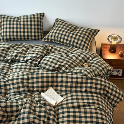 LifeTB Gingham Duvet Cover King Size, 3 Piece Vintage Green Beige Plaid Checkered Bedding Set, Breathable 100% Washed Cotton Grid Comforter Cover, Farmhouse Buffalo Plaid Duvet Cover with Zipper