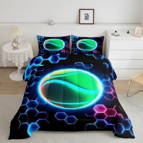 Erosebridal Tennis Kids Bedding | 3D Glitter Ball Pattern Full Comforter Sets,Colorful Neon Honeycomb Comforter Geometric Hexagon Duvet Insert with 2 Pillow Cases