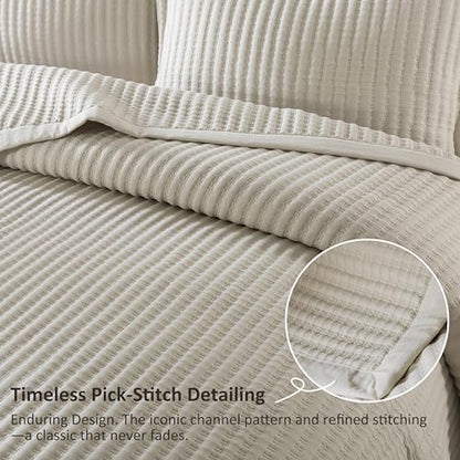 WDCOZY Beige Queen Size Quilt Set, Striped Pick Stitch Bedspread