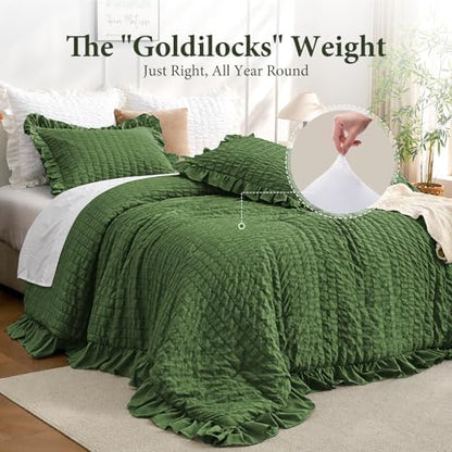 JOLLYVOGUE Dark Green King Comforter Set, 3 Pieces Seersucker Comforters King Size, Lightweight & Fluffy Bedding Sets King for All Season with 1 Ruffle Comforter and 2 Ruffle Pillowshams