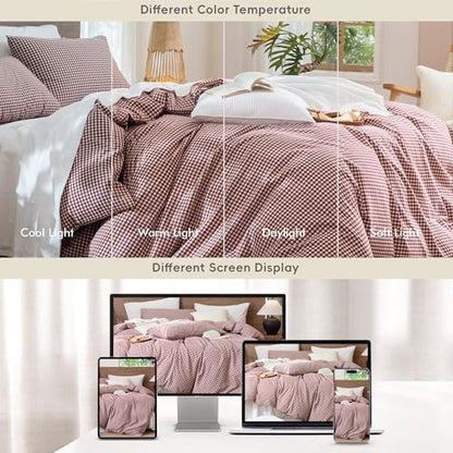 MooMee Gingham Duvet Cover Set 100% Washed Cotton Linen Like