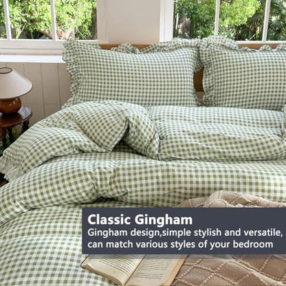 NSNLGSGC Sage Green Gingham Ruffle King Duvet Cover