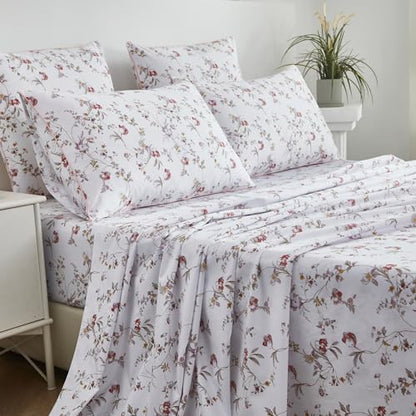 FADFAY Sheets Set King Rustic Pink Floral Botanical Bedding Set Luxury 100% Egyptian Cotton Bed Sheet Set Soft Breathable for All Season Bedoom Decor with 17.7 Deep Pocket Fitted Sheet, King Size