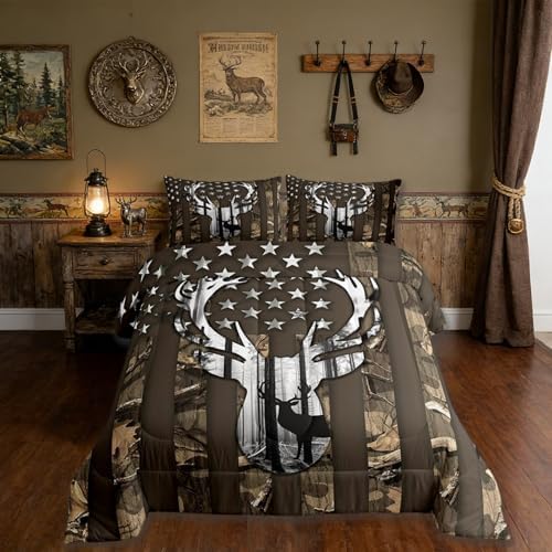 American Flag Queen Comforter Set, Brown Camouflage Grey Antlers and Leaves Down Comforter for Man Adult,Camo Hunting Deer Animal Camping Bedding Set Stars Stripes USA Flag Quilt,Farmhouse Style