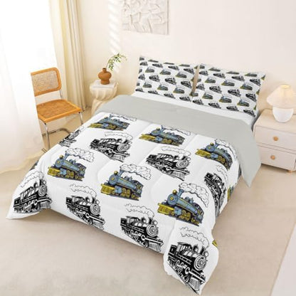 Feelyou Blue Vintage Train Comforter Set Full Size Retro Steam Locomotive Down Bedding Set for Kids Boys Girls Transportation Vehicles Duvet Quilt Bedroom Decor Microfiber 3 Pcs with 2 Pillow Cases