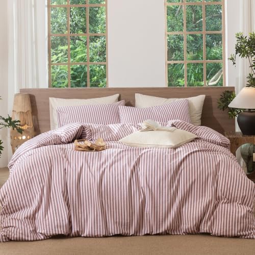 MooMee Striped Duvet Cover Set 100% Washed Cotton Linen Like Queen