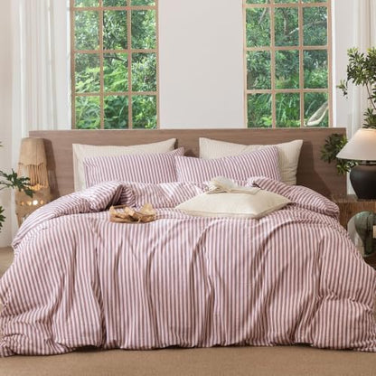 MooMee Striped Duvet Cover Set 100% Washed Cotton Linen Like Queen