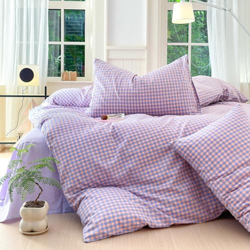 LifeTB Purple Gingham Comforter Set King Modern Plaid Checkered Pattern Comforter Soft Gingham Bedding Set Lightweight Purple Pink Grid Plaid Bedding Comforter Fluffy Checkered Comforter Set