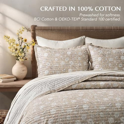 EverGrace 100% Cotton Floral Quilt Set, Queen Size, Sandstone Beige 92"×96"
