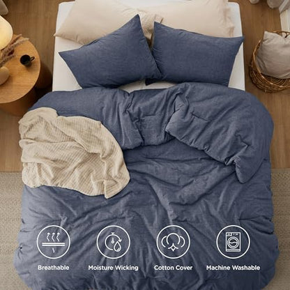 Bedsure PureWoven Cotton Comforter Set Prewashed, King, Denim Blue