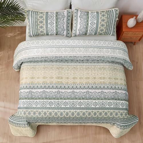 WONGS BEDDING Boho Quilt Queen Size,3 Pcs Beige Bedspread Bedding Set