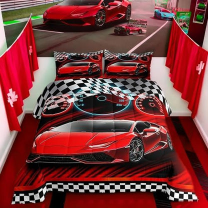 Feelyou Race Car Bedding Set for Kids Boys Girls King Size Speed Sports Car Comforter Set Teen Adult Ultra Soft Extreme Sports Comforter Cool Car Duvet Quilt Bedroom Decor Racing Car Quilt