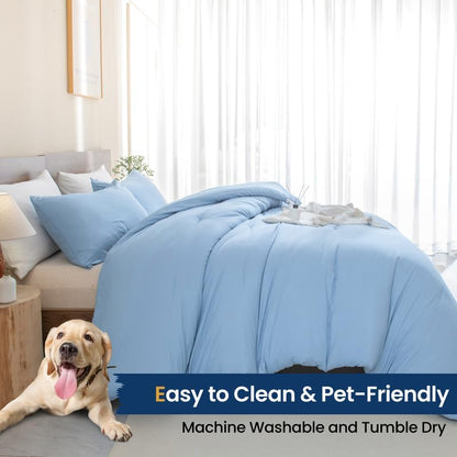 Paxrac Dusty Blue Full Comforter Set, 3 Pieces Lightweight Solid Bedding Set, Soft Fluffy Comforter, All Season Bed Set (80"x90" Comforter & 2 Pillowcases)