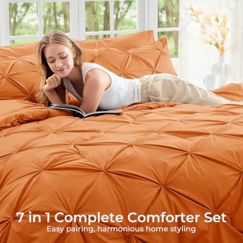 Sasttie Queen Comforter Set, 7-Piece Bed in a Bag, Pintuck Bedding Sets for All Season, Includes Comforter, Flat Sheet, Fitted Sheet, Pillowcases and Pillowshams, Coral Orange