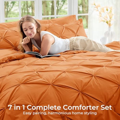 Sasttie Queen Comforter Set, 7-Piece Bed in a Bag, Pintuck Bedding Sets for All Season, Includes Comforter, Flat Sheet, Fitted Sheet, Pillowcases and Pillowshams, Coral Orange
