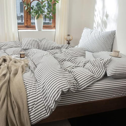FOSSA Striped Duvet Cover Set 100% Washed Cotton Linen Feel California King