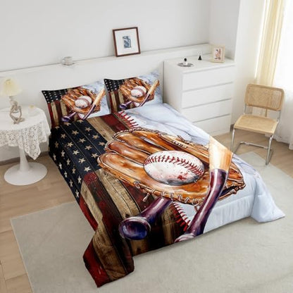 Sports Baseball Comforter Set Toddler Size Vintage Baseball Gloves Bedding Set Bedroom Decor American Flag Wooden Barn Quilt Set for Kids Boys Teens Luxury Marble Breathable Duvet Insert 2Pcs