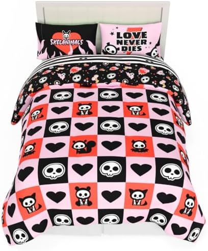 Skelanimals Bedding 7 Piece Full Bed Set, Soft Checkered Comforter and Sheet Set with Sham, Kit The Cat, (Officially Licensed Product) by Franco Collectibles