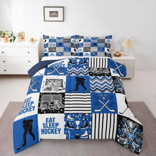 Hockey Sport Comforter Set Queen Size,Eat Sleep Hockey Player Silhouette Bed in a Bag 3Pcs for Kids Teens Woman Men Room Decor,Athletic Quilted Duvet Blue Black White Line Down Comforter,2 Pillowcases