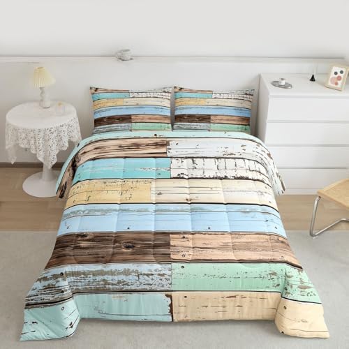 jejeloiu Colorful Wood Grain Comforter Set All Season Retro Farmhouse Bedding Set with 1 Pillow Cases Modern Abstract Microfiber Kids Toddler Bedclothes Rustic Cabin Country Bedroom Decor Duvet Quilt
