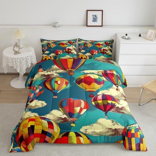 Erosebridal Hot Air Balloon Full Comforter Set for Boys Girls Kids,Cute Rainbow Bedding Set Boho Room Decor,Blue Sky Cloud Comforter Set Breathable Cartoon Colorful Balloons Quilt Bed Set 3Pcs