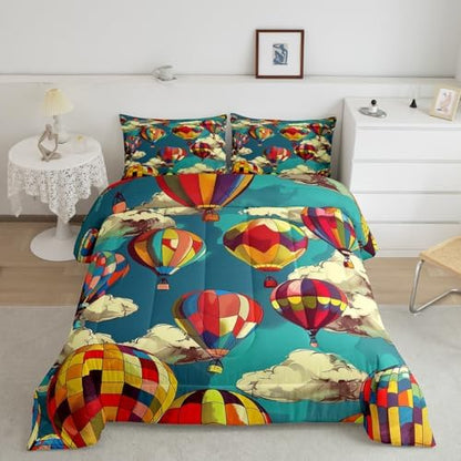 Erosebridal Hot Air Balloon Full Comforter Set for Boys Girls Kids,Cute Rainbow Bedding Set Boho Room Decor,Blue Sky Cloud Comforter Set Breathable Cartoon Colorful Balloons Quilt Bed Set 3Pcs