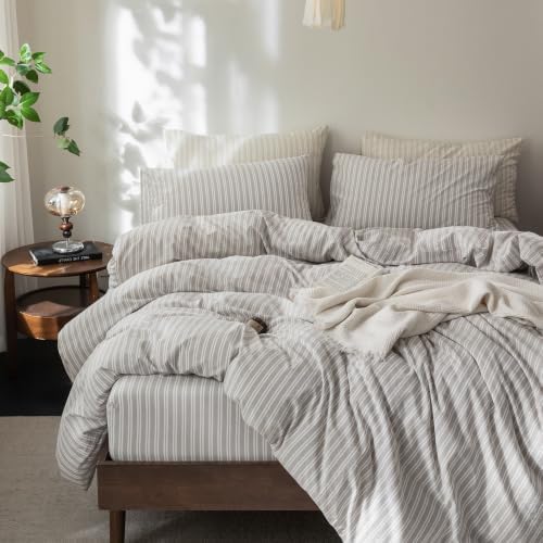 FOSSA Striped Duvet Cover Set 100% Washed Cotton Linen Feel Queen