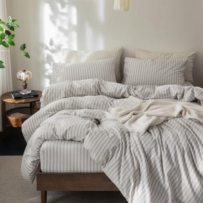 FOSSA Striped Duvet Cover Set 100% Washed Cotton Linen Feel Queen