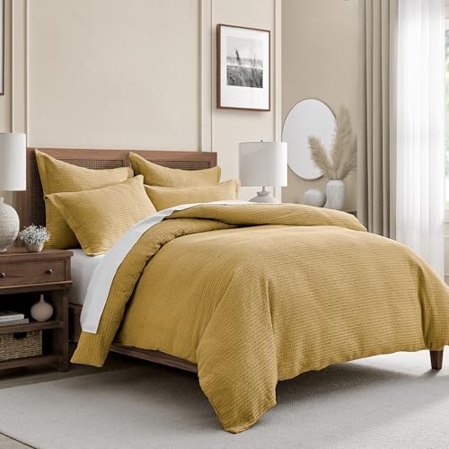 Levtex Home Cloud Waffle King/Cal King Comforter Set (106x94in) with 2 Pillow Shams (36x20in) - Solid Waffle Cotton Texture - Ochre - 100% Cotton King Size Comforter Set - Soft, Pre-Washed